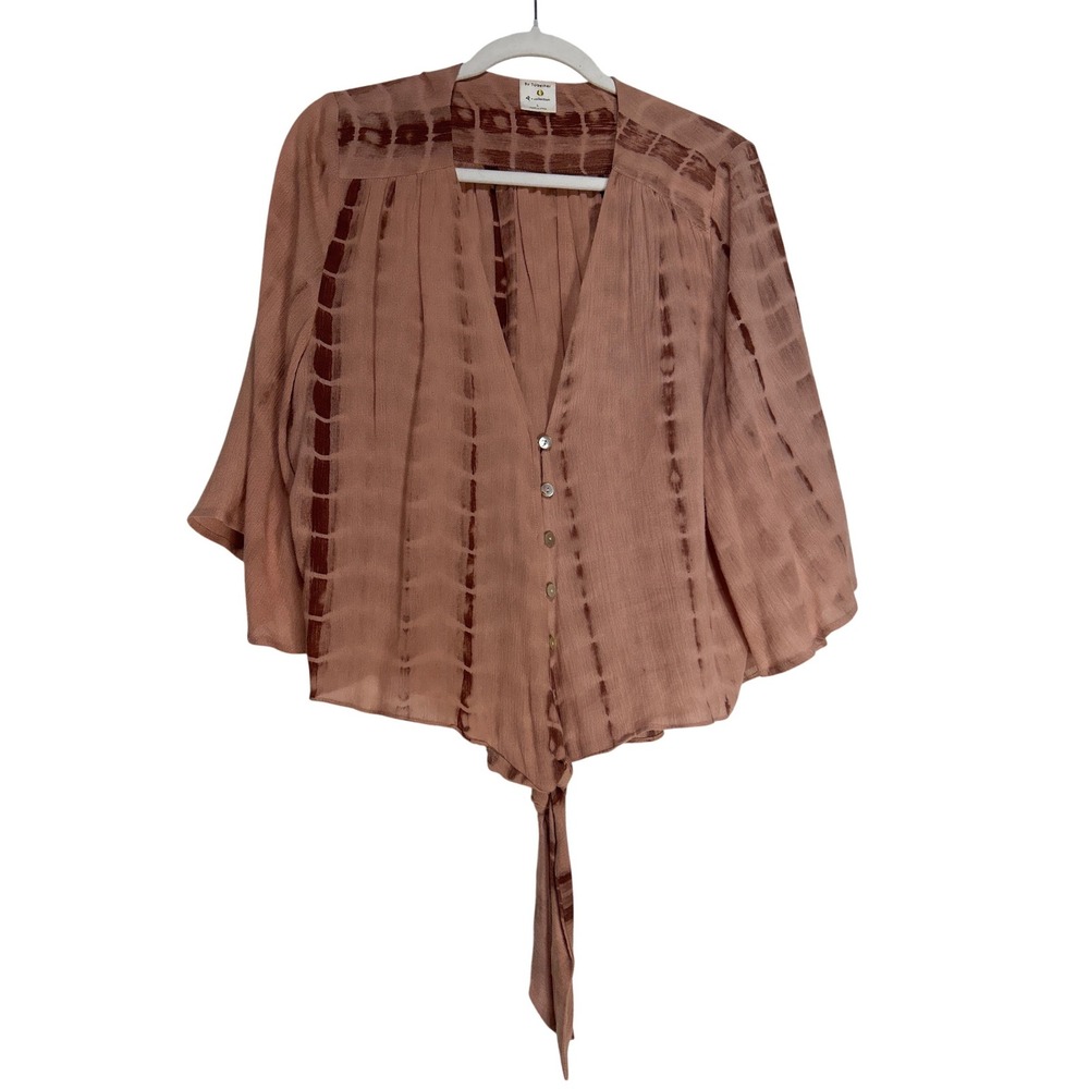 By Together Tie Dye Stripe Bell Sleeve Tie Front Rayon Blouse Mauve L3328 L